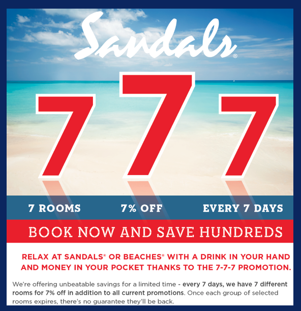 Sandals 777 deal: 7 rooms, 7% off, every 7 days