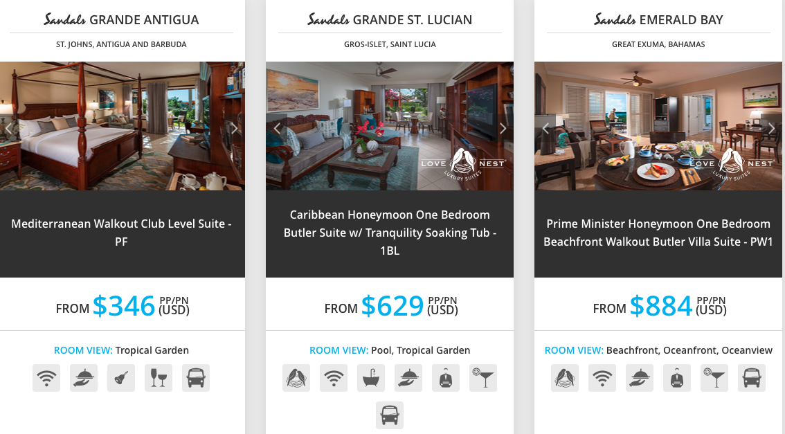 Current Sandals 777 offers: Grande Antigua, Grande St. Lucian, Emerald bay